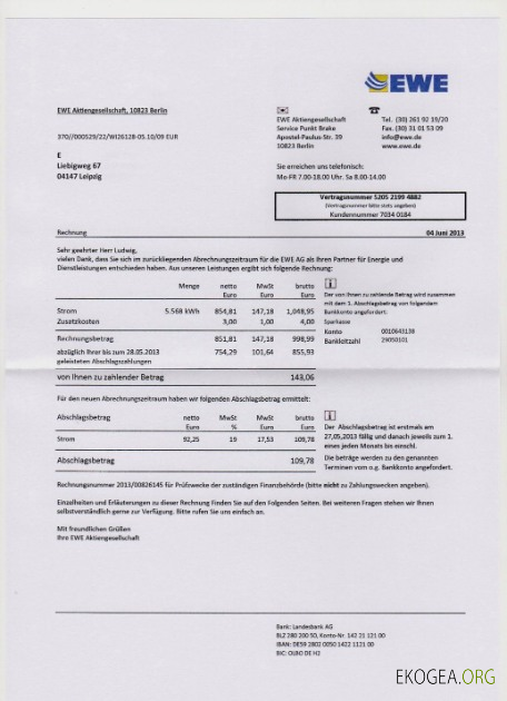 Germany EWE utility bill in PSD format